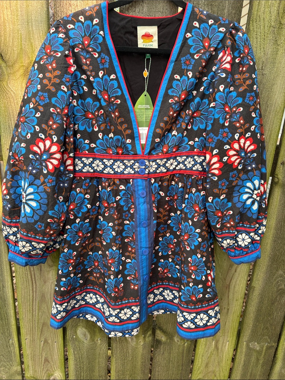 NWT Farm Rio Medium Black Latina Scarf Puff Sleeve Mini Dress - Picture 2 of 9